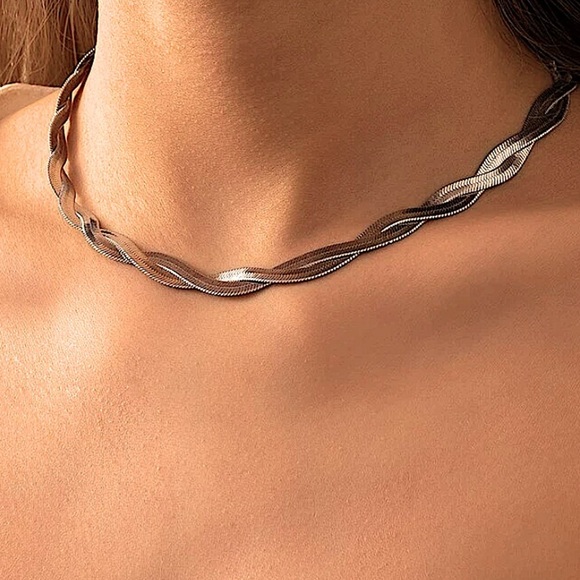 Twisted Braided Sterling Silver Herringbone Flat Snake Choker Necklace - Picture 1 of 10